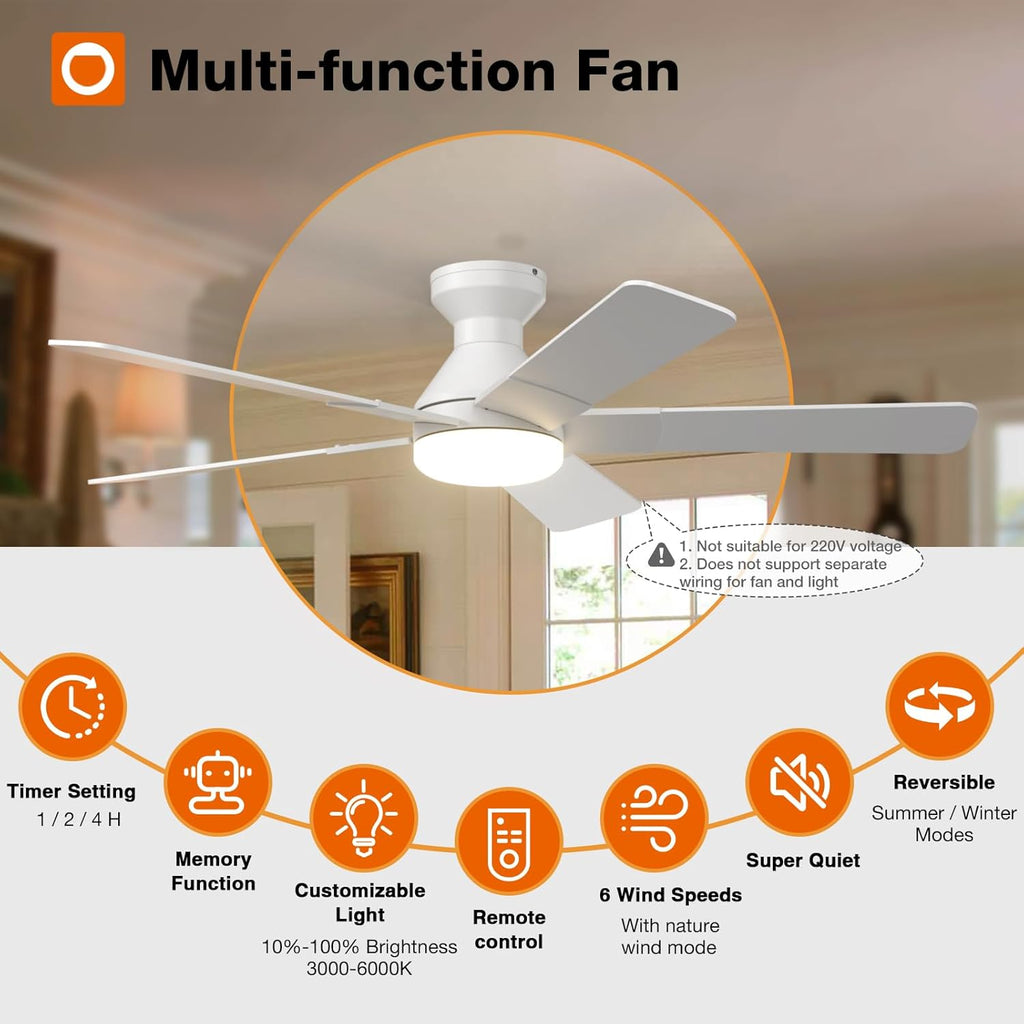 Ceiling Fans with Lights, 52 inch Low Profile Ceiling Fan with Light and Remote Control, Flush Mount, Reversible, 3CCT, Dimmable, Noiseless, White Ceiling Fan for Bedroom, Indoor/Outdoor Use A103-B0CLNNMX79