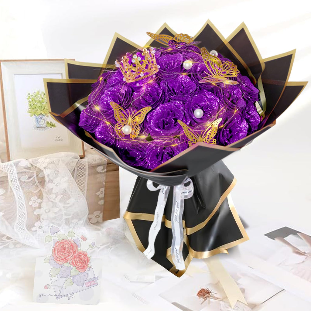 Purple Glitter Roses Bouquet Shiny Fake Glitter Flower Artificial Rose 24pc