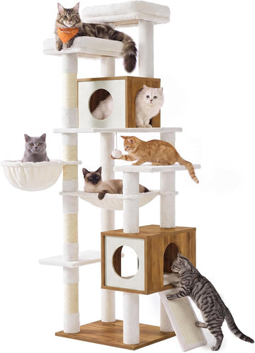 Tall Cat Tree, 8-Tier Wood Tower with 2 Condos, Scratching Post