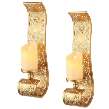 Wall Candle Sconce Set of 2, Gold Metal Wall Mount Candle Holder, Spanish Baroque Hollow Carving Wall-Mounting Sconces