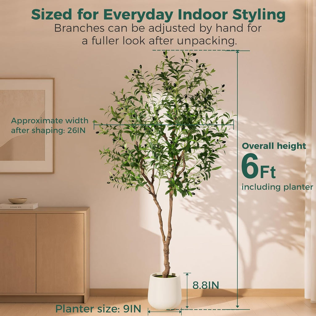 6FT Faux Olive Tree with Decorative Planter, Olive Trees Artificial Indoor with Textured Trunk, Silk Leaves and Olive