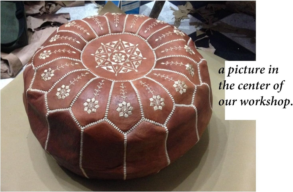 Pouf light brown ottoman upholstered in leather with high embroidery in Tan and white