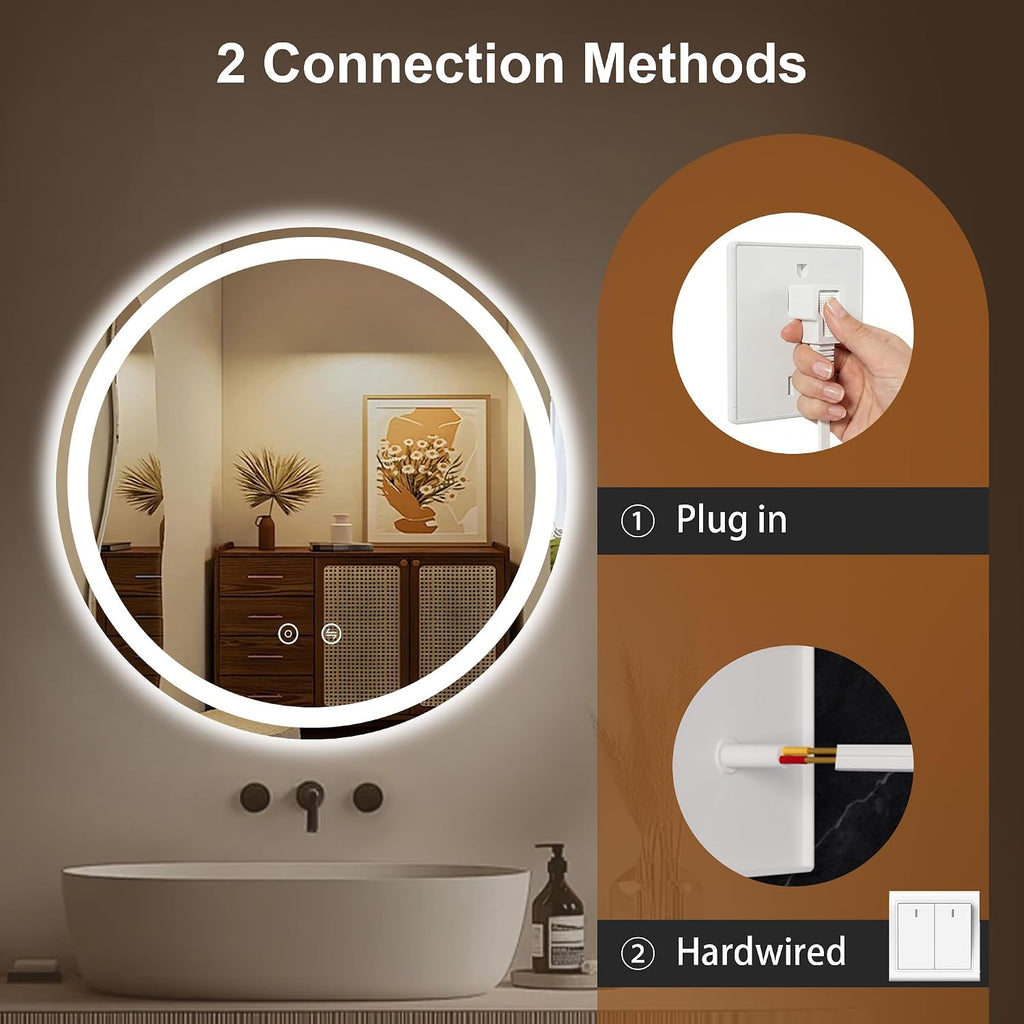 Round LED Bathroom Mirror with Lights, 30 Inch Circle Lighted Vanity Mirror, Anti-Fog, Dimmable 3 Colors