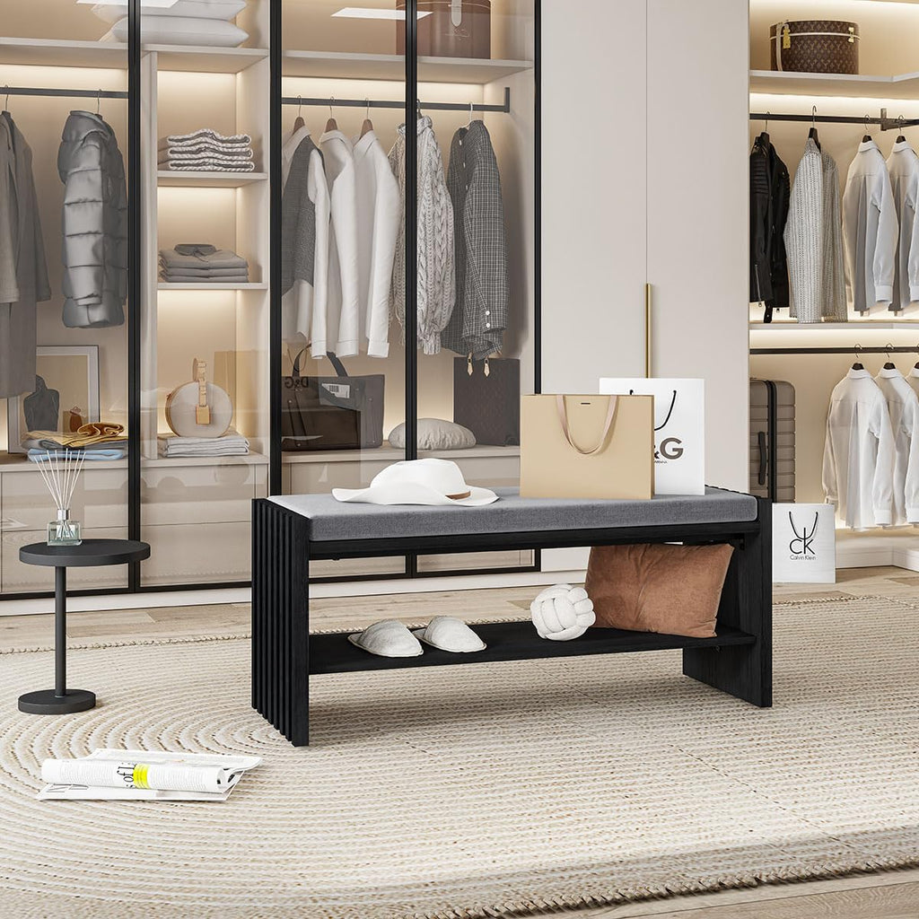 Entryway Shoe Bench with Storage & Cushion for Mudroom, Black