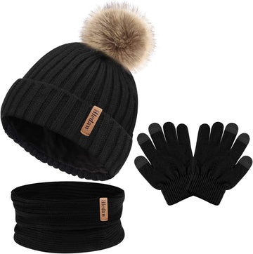 Kids Winter Hats Gloves Scarf Set Touchscreen Glove With Removable Pompom Fleece Lined Toddler Beanie Hat for Boy Girl