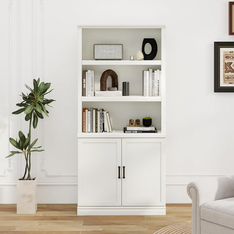 5 Shelf Tall Bookcase with Doors White Bookshelf 31in Wide Display Standing Shelf 72in Tall Wood Book Shelves Library