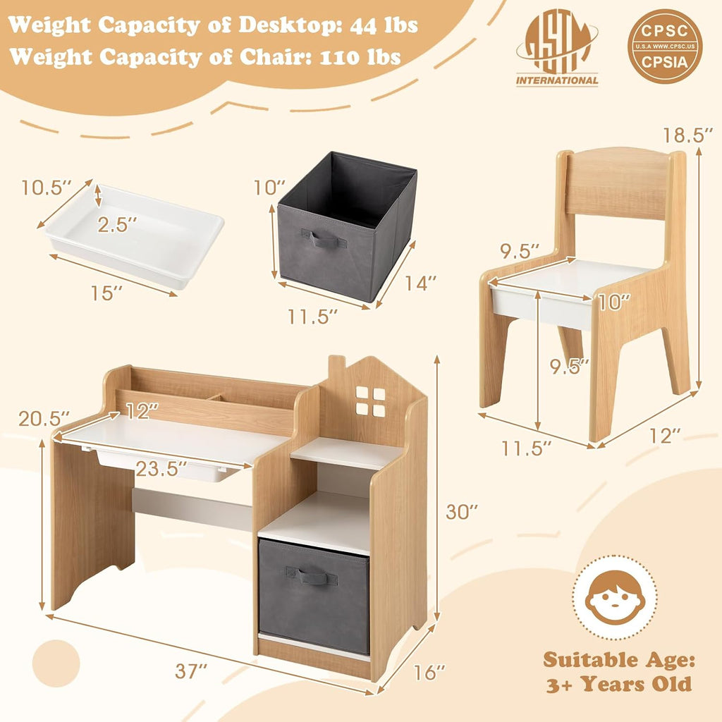 Kids Desk and Chair Set, Wooden Children School Study Table and Chair w/2 Drawers, Hutch, Storage Shelves, Student
