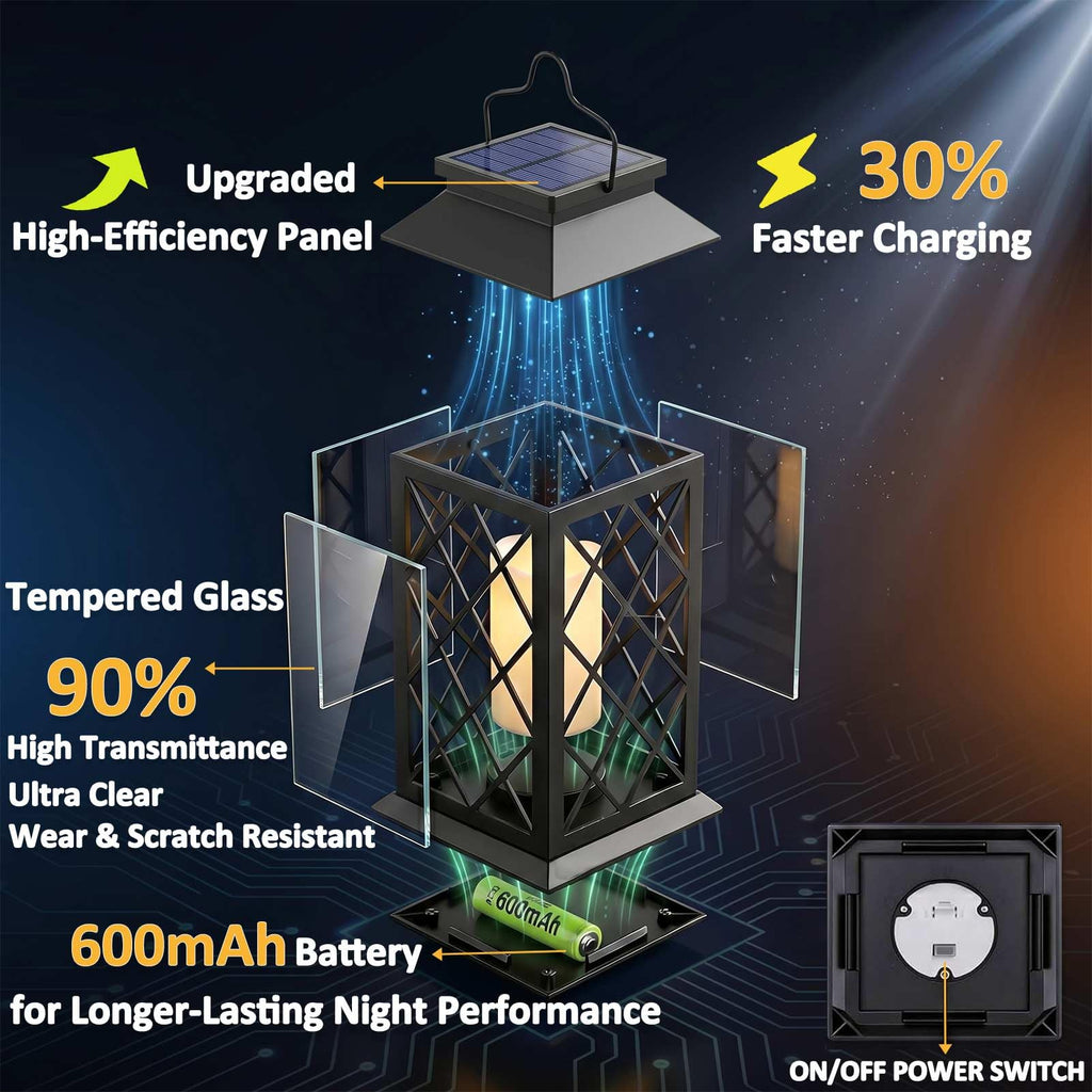 14" Large Tempered Glass Solar Lanterns Outdoor Waterproof, Black