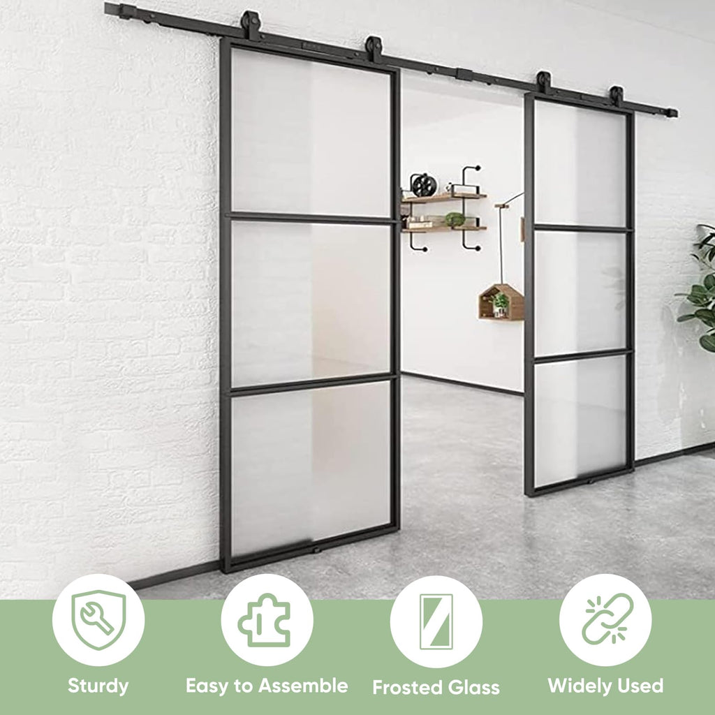 72in x 84 in Double Glass Barn Door with 12FT Top Mounted Hardware kit Soft Close, Black Carbon Steel Tempered