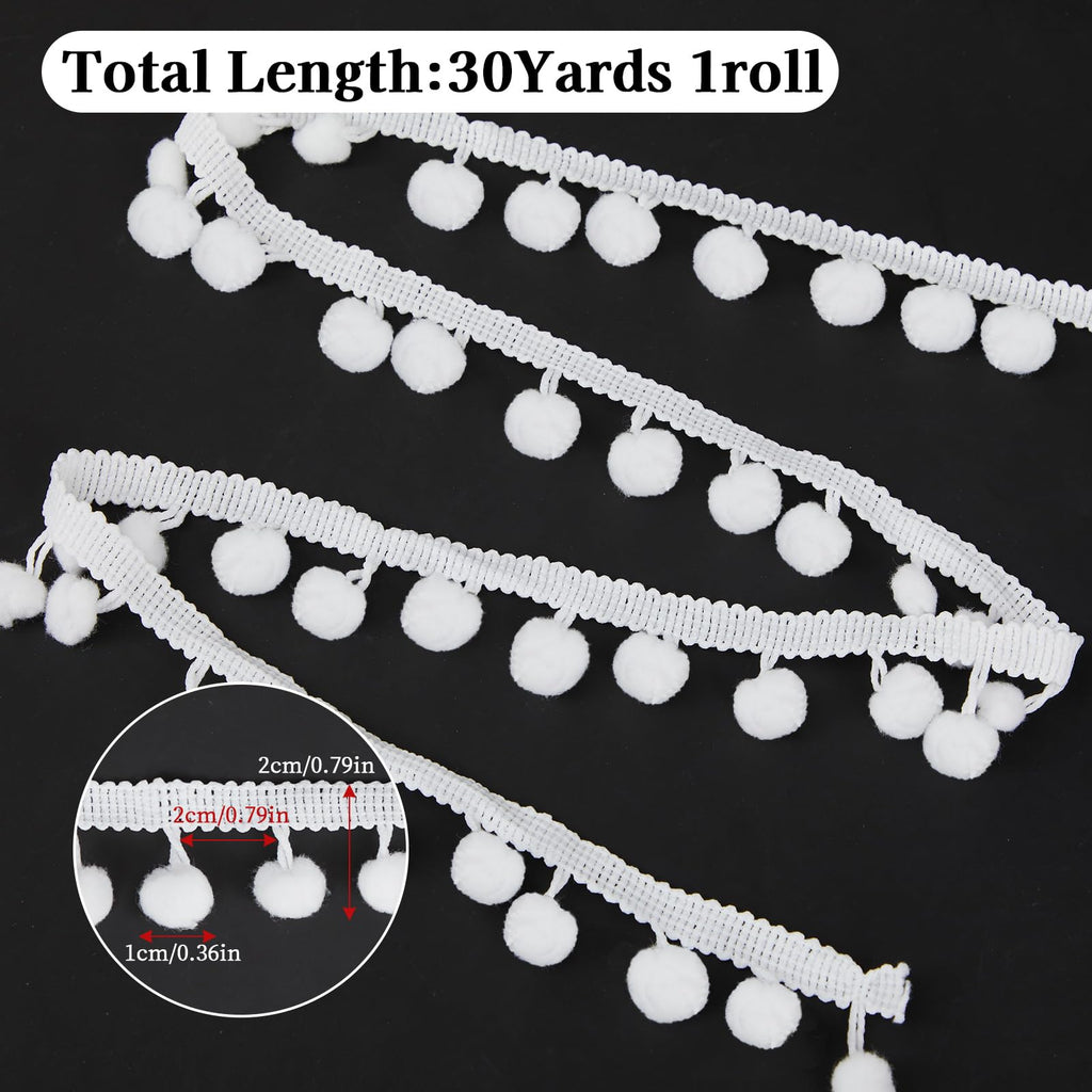 Pom Pom Trim Ribbon, 0.79" Wide, 10mm Balls, White - 30 Yards