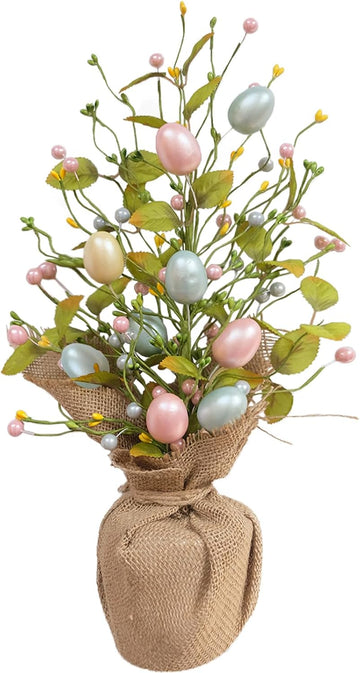 19" Easter Egg Tree Tabletop Decor - Handcrafted Pastel Centerpiece with Pearlized Eggs & Cement Base for Spring