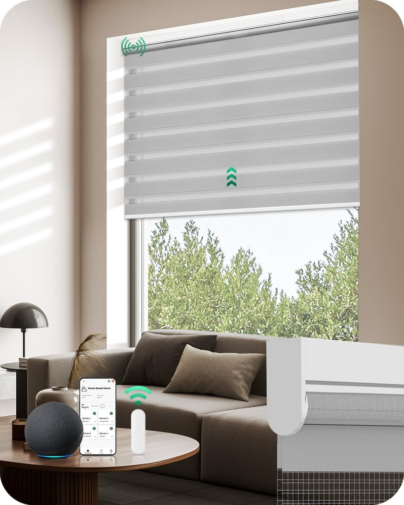 Motorized Zebra Blinds with Remote, Electric Dual-Layer Shad - Gray