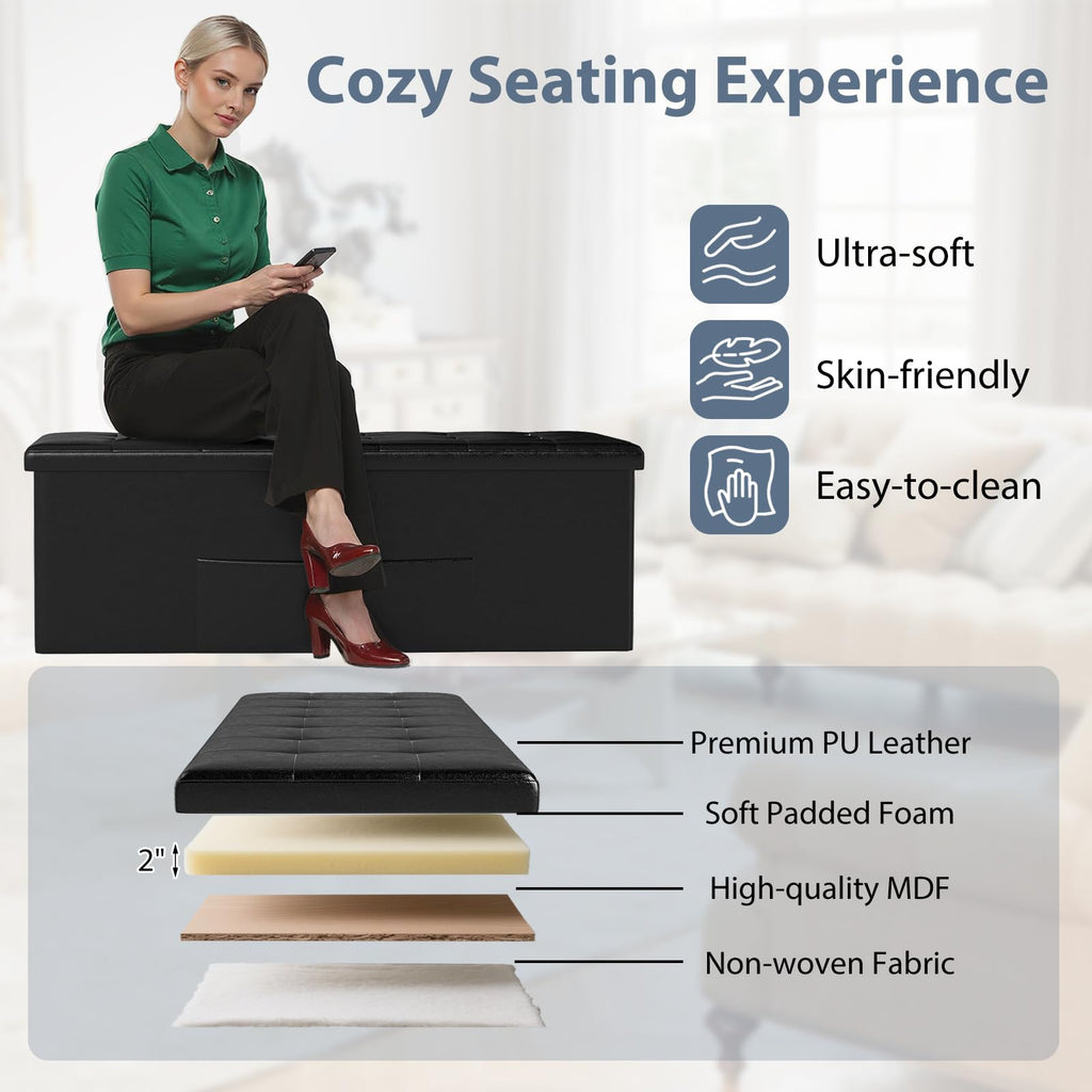 Folding Storage Ottoman Faux Leather Large Bench Foot Rest Pouffe Box Stool Seat Folding Storage Box, Black (Black)
