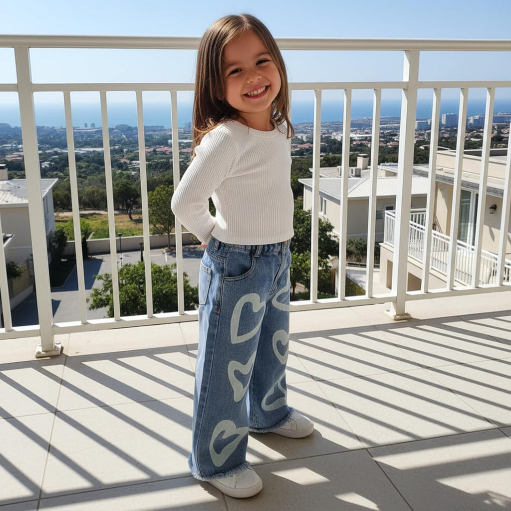 Toddler Girls Clothes 6T Ribbed Baby Kids Girl Denim Outfits Long Sleeve Tops Love Hearts Jeans Pant
