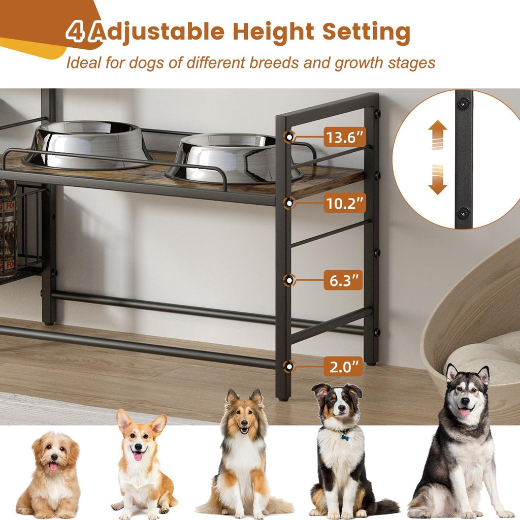 Elevated Dog Bowl Stand with Toy Bin Basket, 4 Height Adjustable Raised Feeding Station Cabinet, Lifted Food