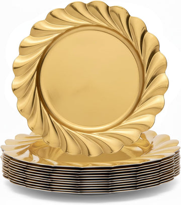 Gold Charger Plates, Swirl Wave Plate Chargers for Dinner Plate, Round Plastic Table Chargers - Set of 12