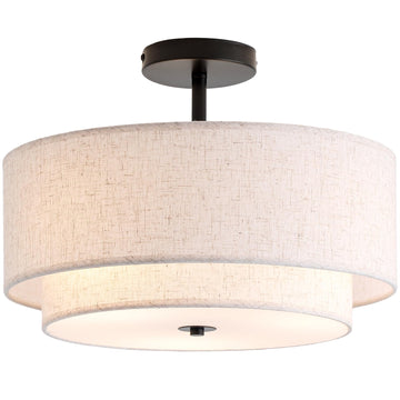 16" Double Drum 3-Light Semi Flush Mount Ceiling Light, Classic Fabric Linen Shade Design