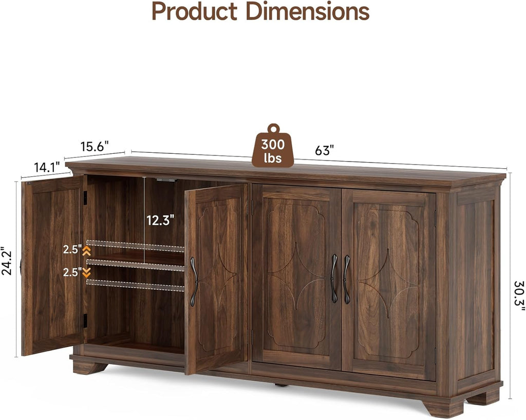 63 Inch Buffet Cabinet with Storage, Large Sideboard Cabinet with 4 Carved Doors