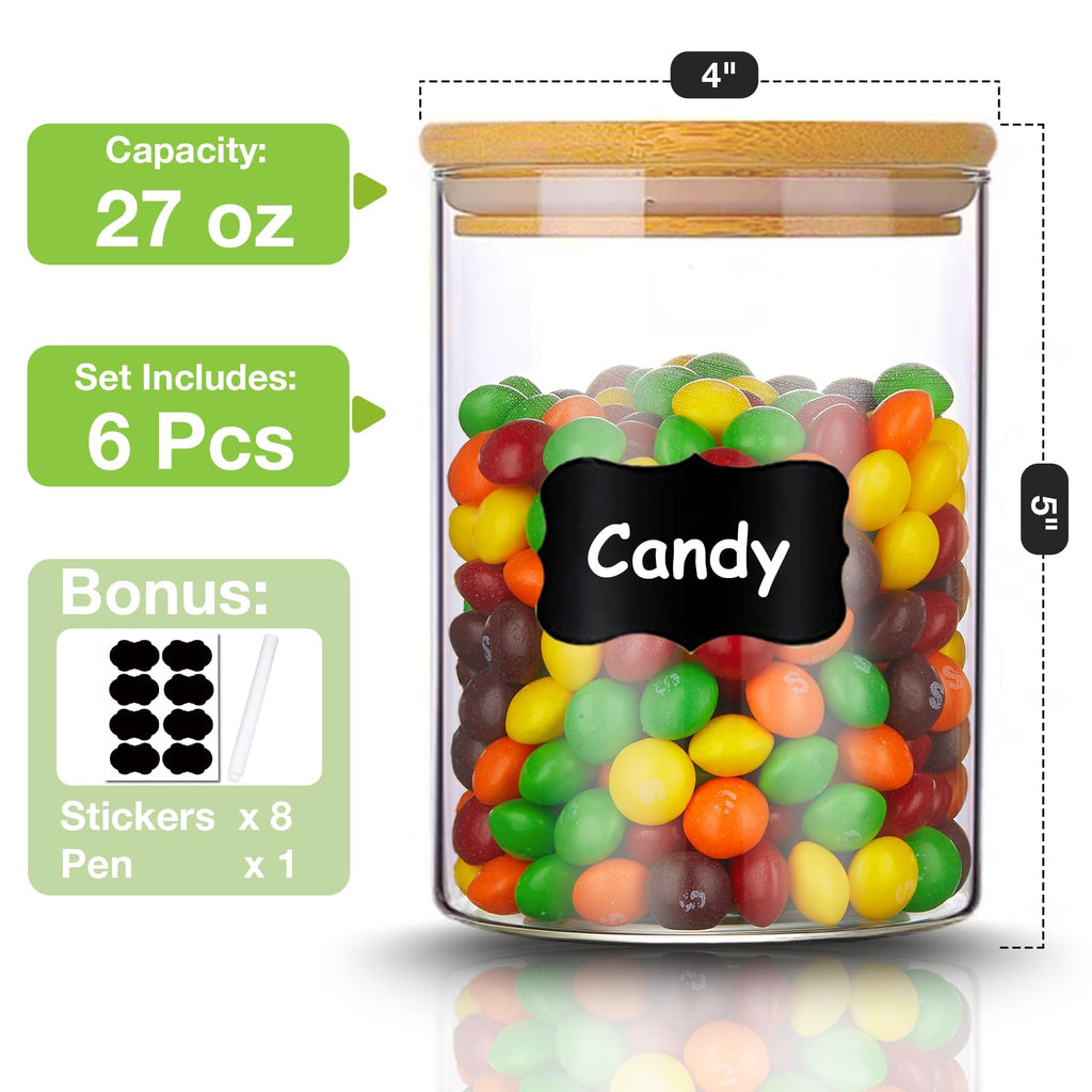 Glass Storage Jars with Airtight Bamboo Lid, 27 OZ Food Storage Jar with Labels, Airtight Glass Canisters, Clear
