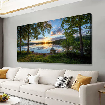 Tree Canvas Wall Art of a Sunrise Over a Forest Lake 20x40inches Nature Inspired Painting Perfect for Wall Decoration