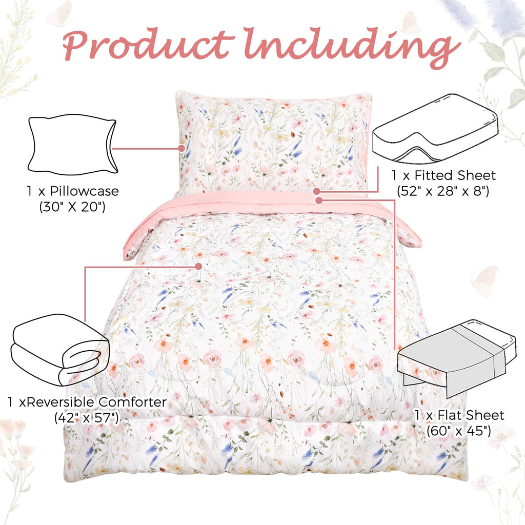 Toddler Bedding Set for Girls, 4 Piece Floral Toddler Comforter Set, Ultra Soft Baby Girl Crib Bed Bedding Includes