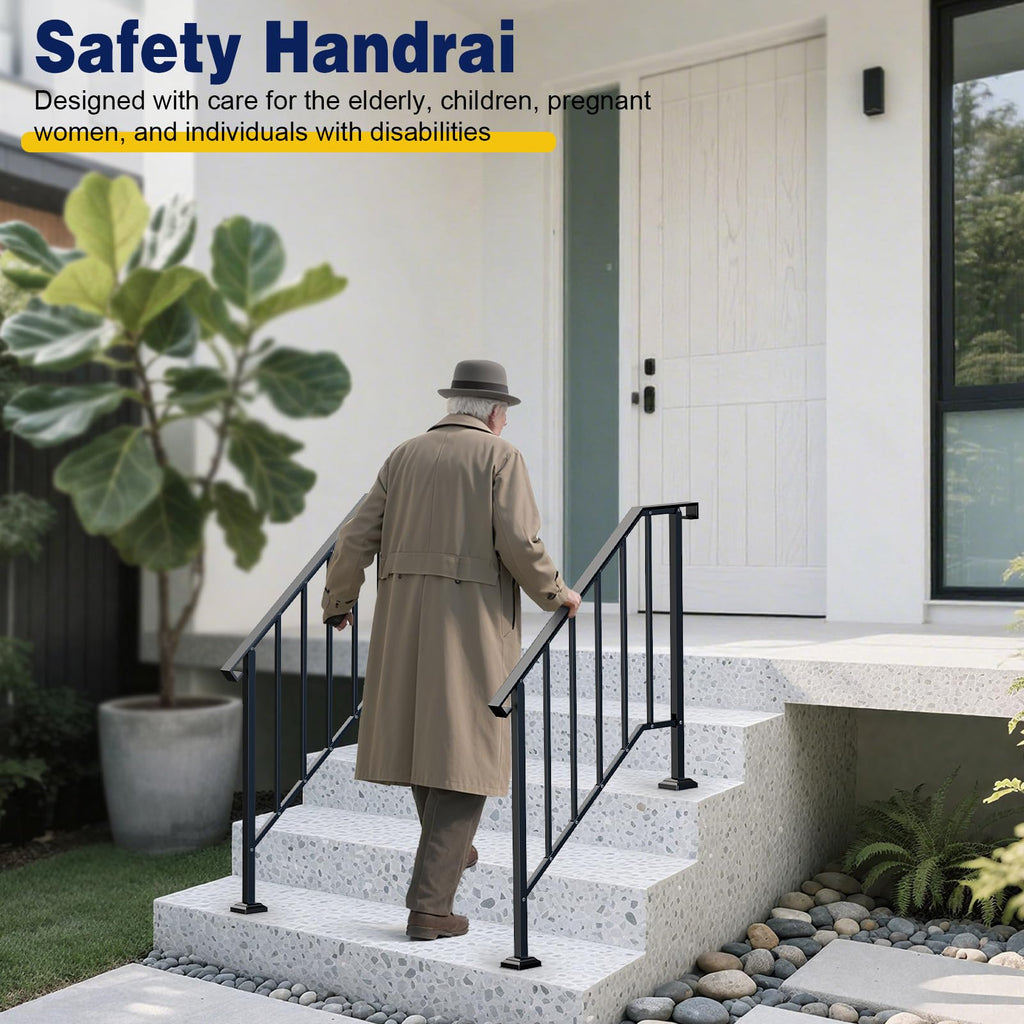 Outdoor Handrails for Steps, Stair Railing Kit for Concrete & Porch Steps, Adjustable Black Iron Hand Rail for