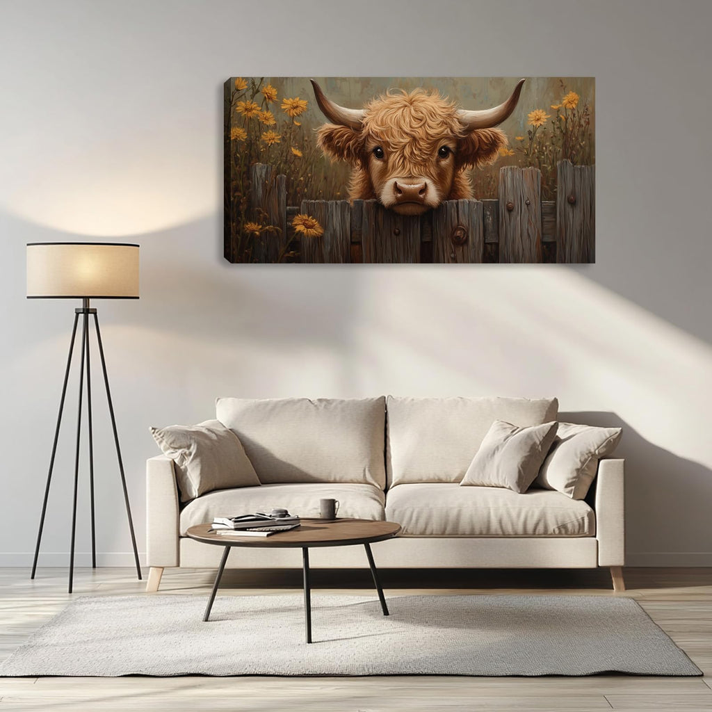 Highland Cow Wall Art Wildflower Canvas Painting Prints Rustic Retro Highland Cattle Wall Decor Artwork Farmhouse