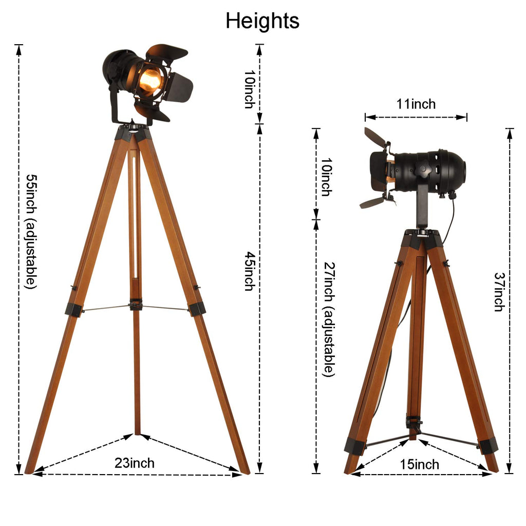 Vintage Adjustable Wood Tripod Floor Lamp, Camera Large