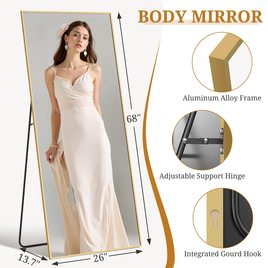 Full Length Mirror 68"x26" Full Body Mirror Rectangle Free Standing Wall Mounted Leaning Floor Mirrors with Stand
