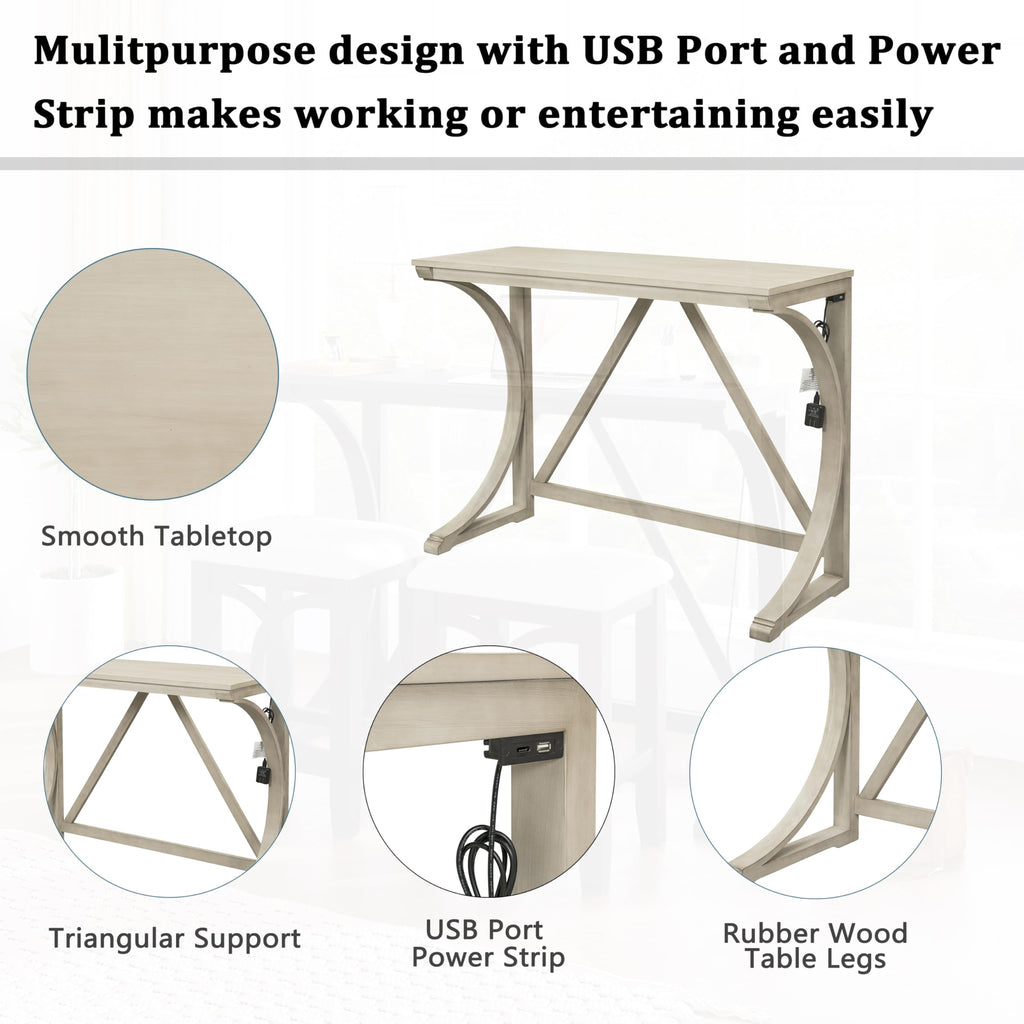 3 Piece Counter Height Dining Set, Farmhouse Kitchen Table Set with USB Port and 2 Upholstered Stools, Breakfast Nook