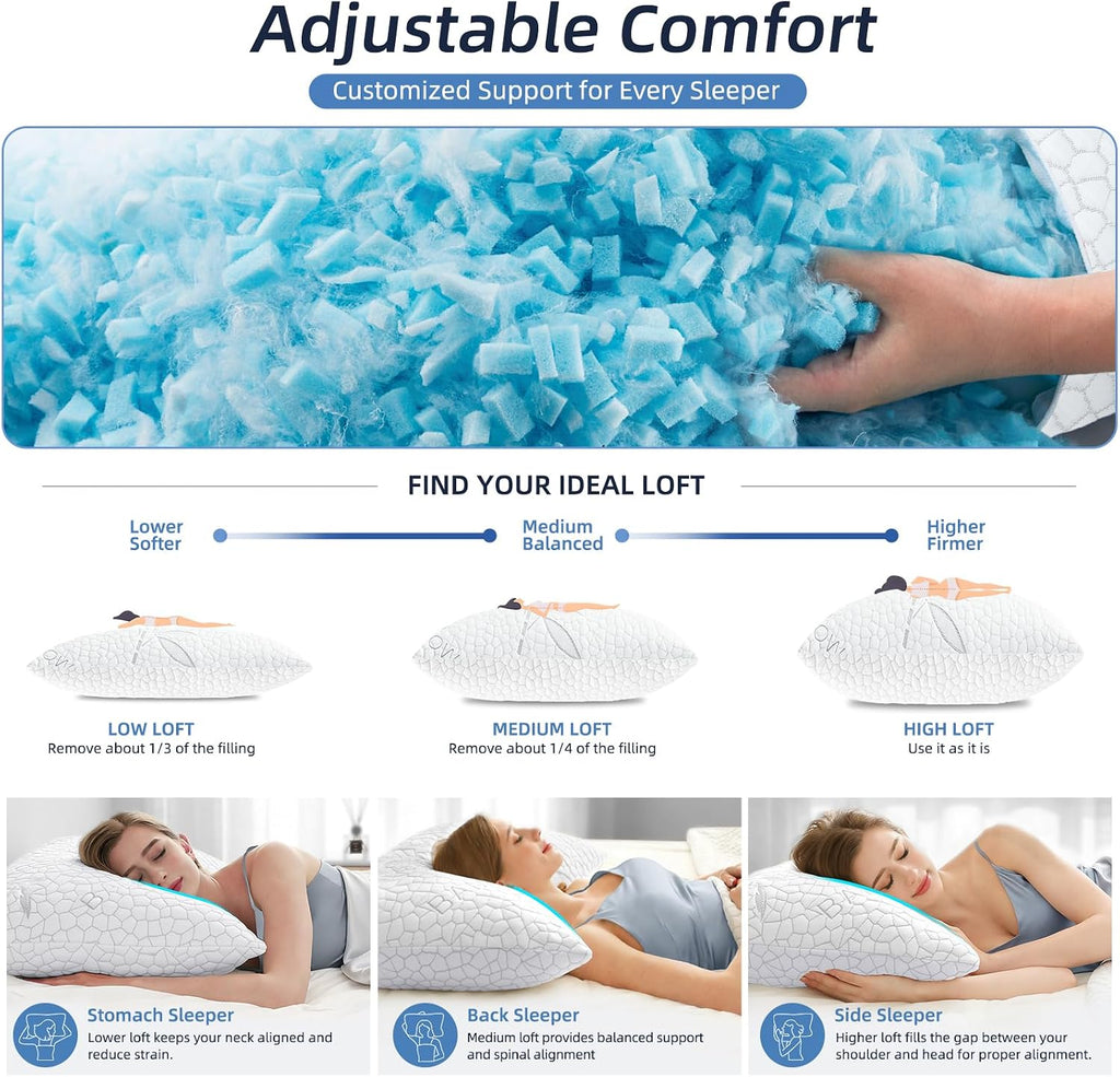 Bamboo Cooling Shredded Memory Foam Bed Pillows Queen Size Set of 2 | Plush Firm Support, Neck Pain Relief