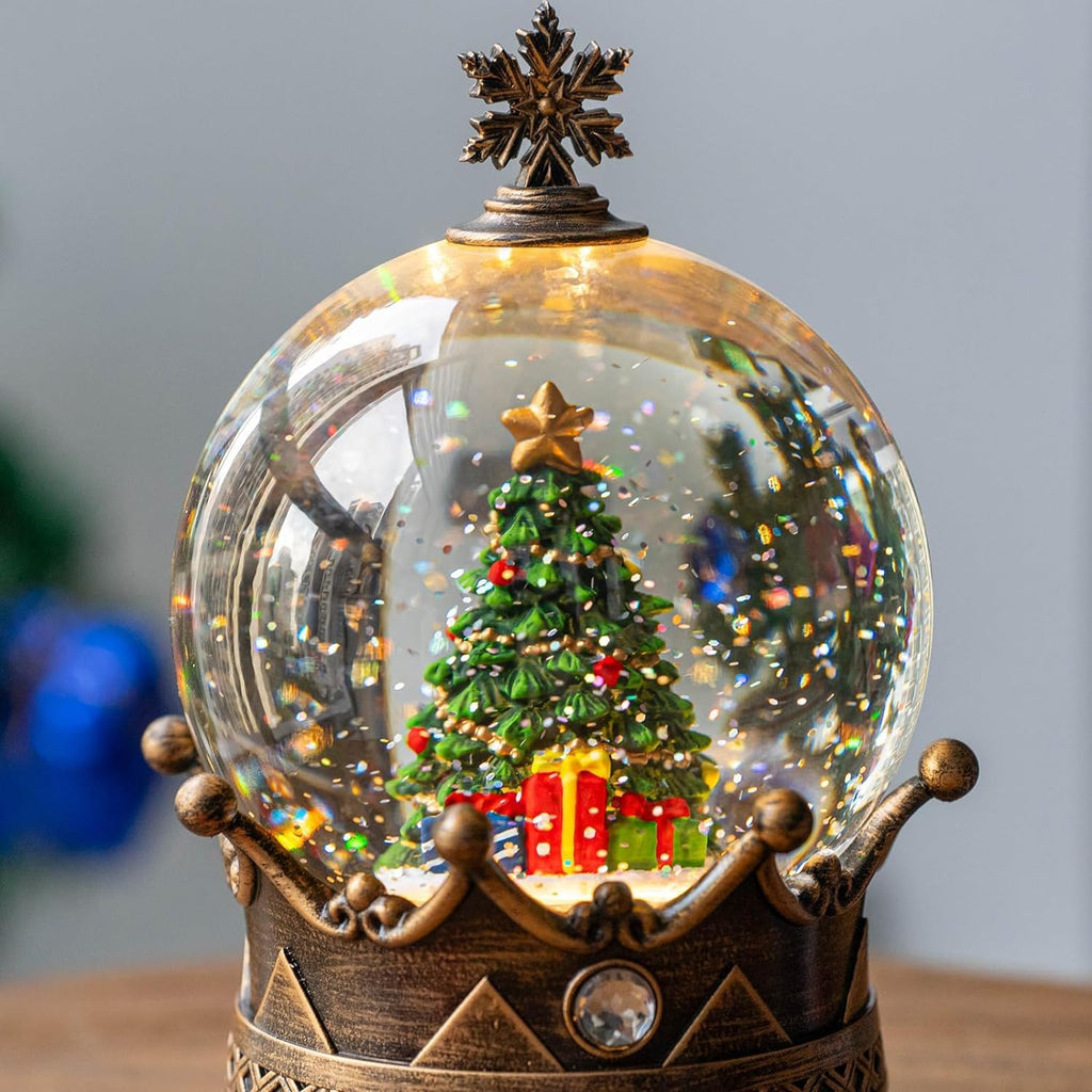 Christmas Snow Globe Lantern Water Glittering Christmas Tree Crown with Music, USB Lined/Battery Operated Lighted
