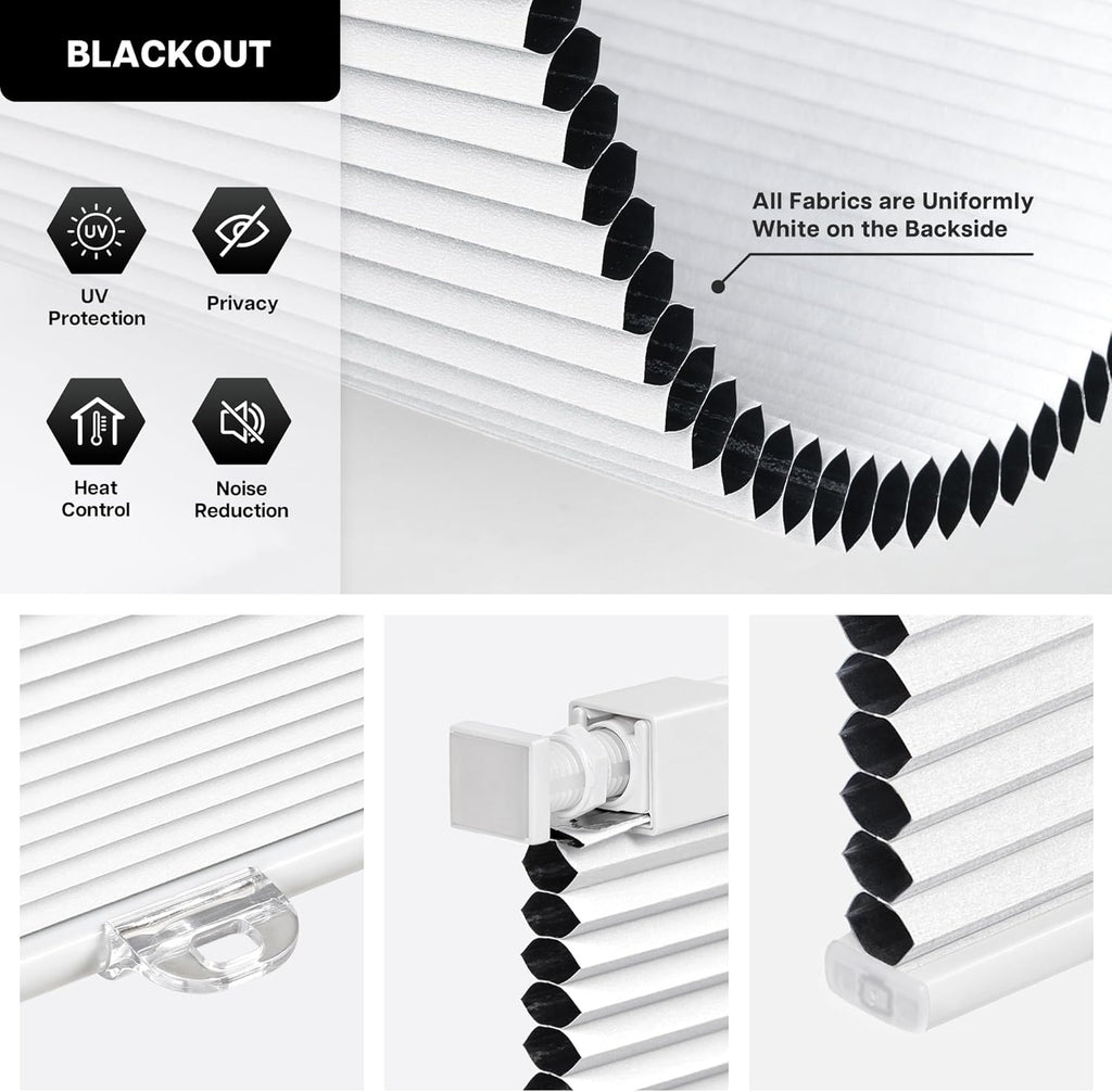 No Drill Cordless Cellular Shades, Silver White | Blackout Honeycomb Shades Thermal Insulation Noise Reduction Glare