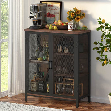 Small Coffee Bar Cabinet, Liquor Storage, Rustic Oak, 2-Doors