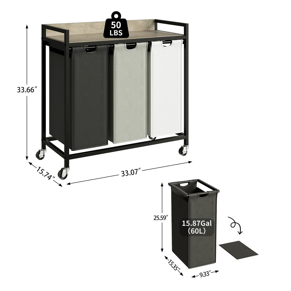 Laundry Hampers with Shelf, Laundry Basket 3 Section, 3 x 15.87 Gal
