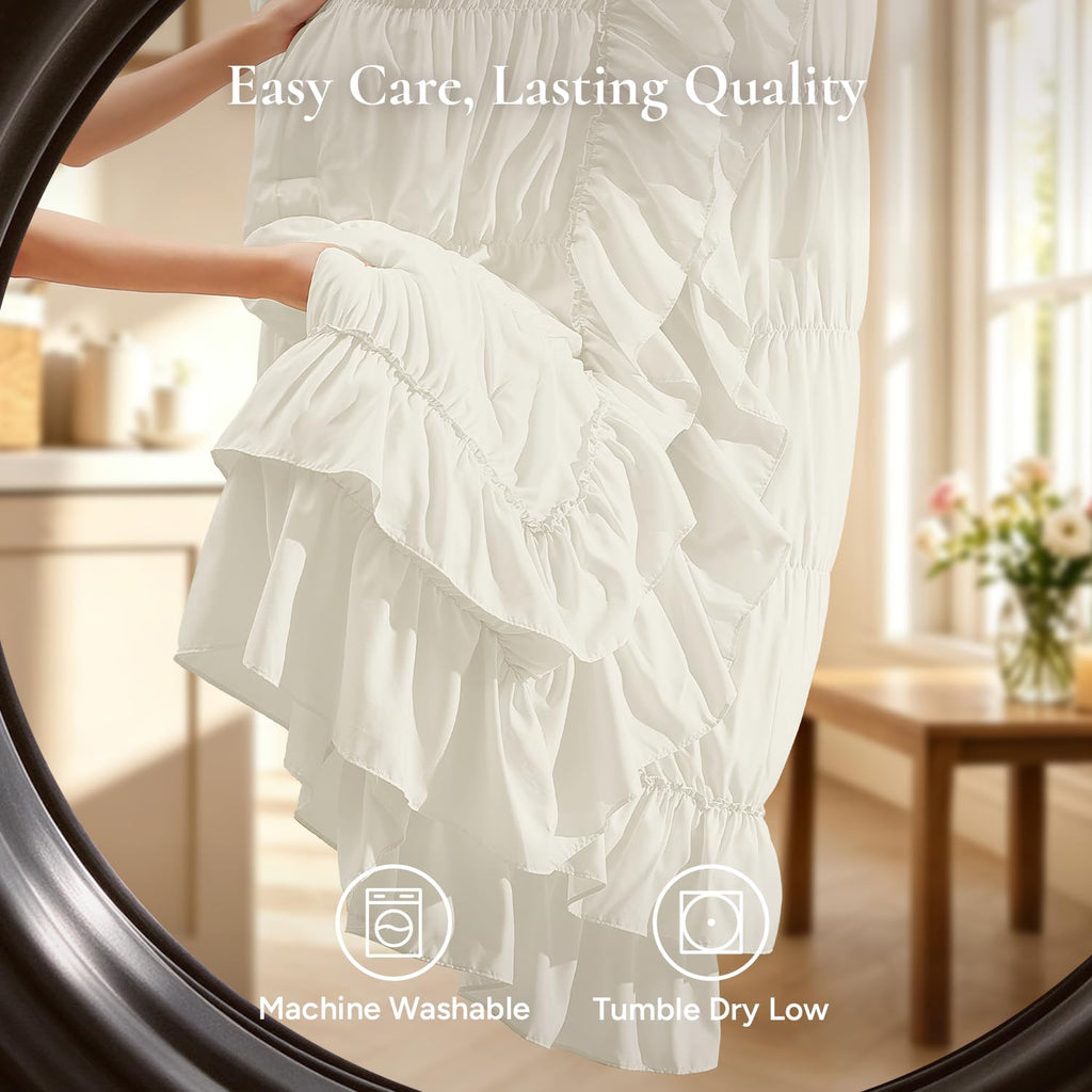Ivory Ruffle Comforter Set, Ruched Farmhouse Bedding 3 Pieces
