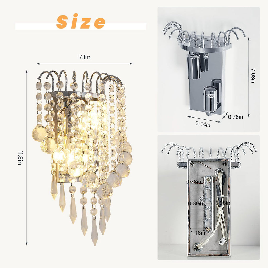Crystal Wall Sconces, 11.8x7 Inch Chrome Wall Sconce Luxury Crystal Drops Shade Wall Light, E12*2 Socket Modern