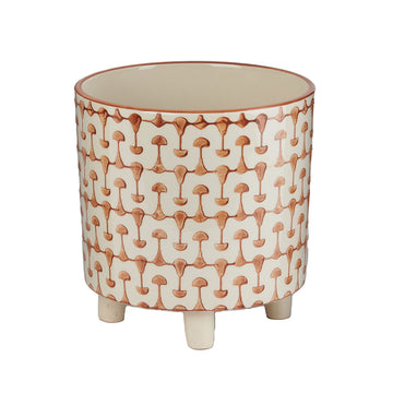 Footed Stoneware Planter with Abstract Print, Rust and White