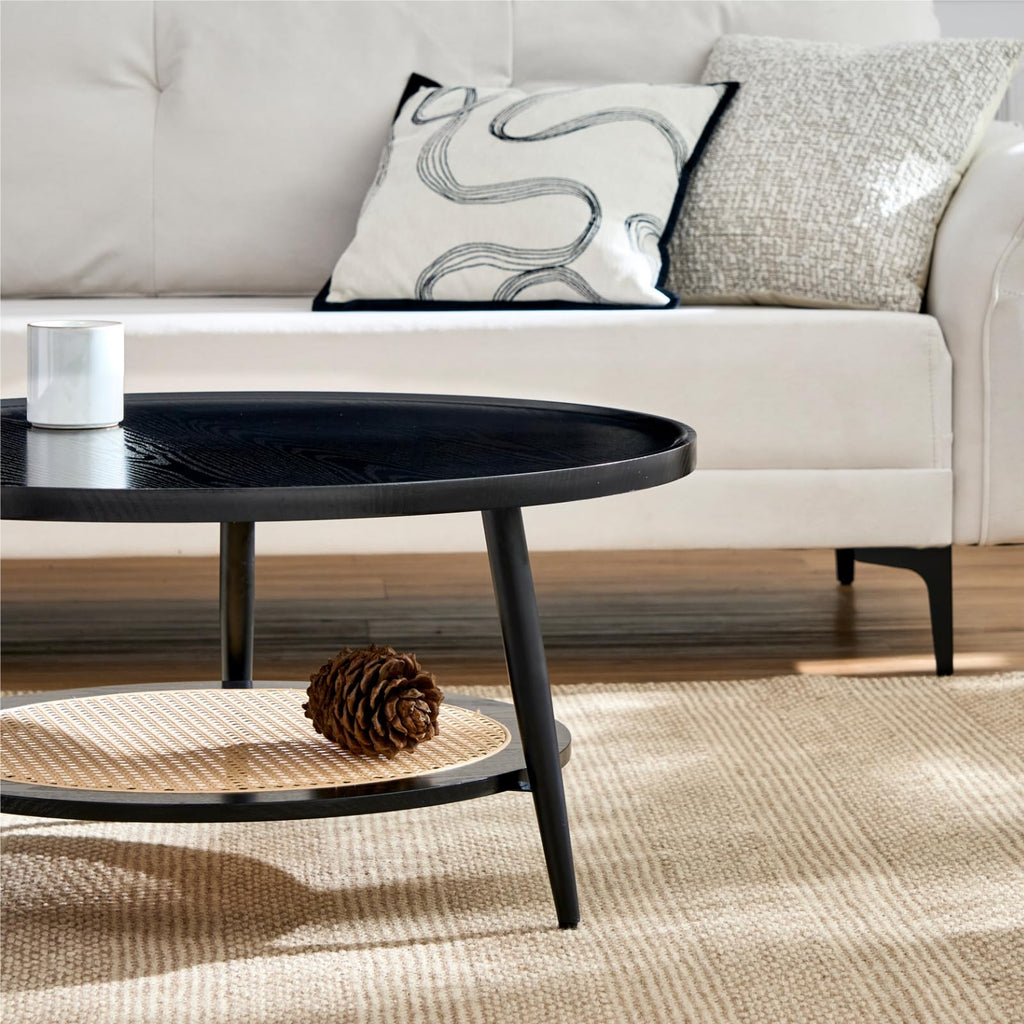Mossi Wood and Rattan Coffee Table, Mid Century Modern Round Coffee Table, 2-Tier Boho Center Table for Small Space
