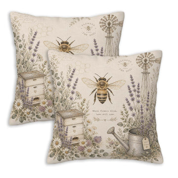 Bee Throw Pillow Covers 18x18 Set of 2, Honey Bee Lavender Floral Cushion Covers, Rustic Farmhouse Garden Pillowcases
