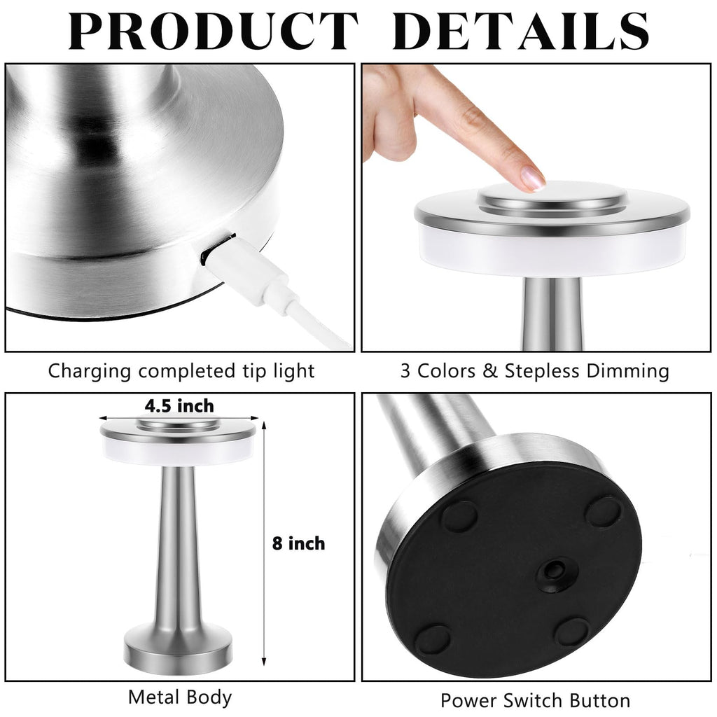 2 Pcs LED Cordless Table Lamp Bulk Rechargeable,Silver