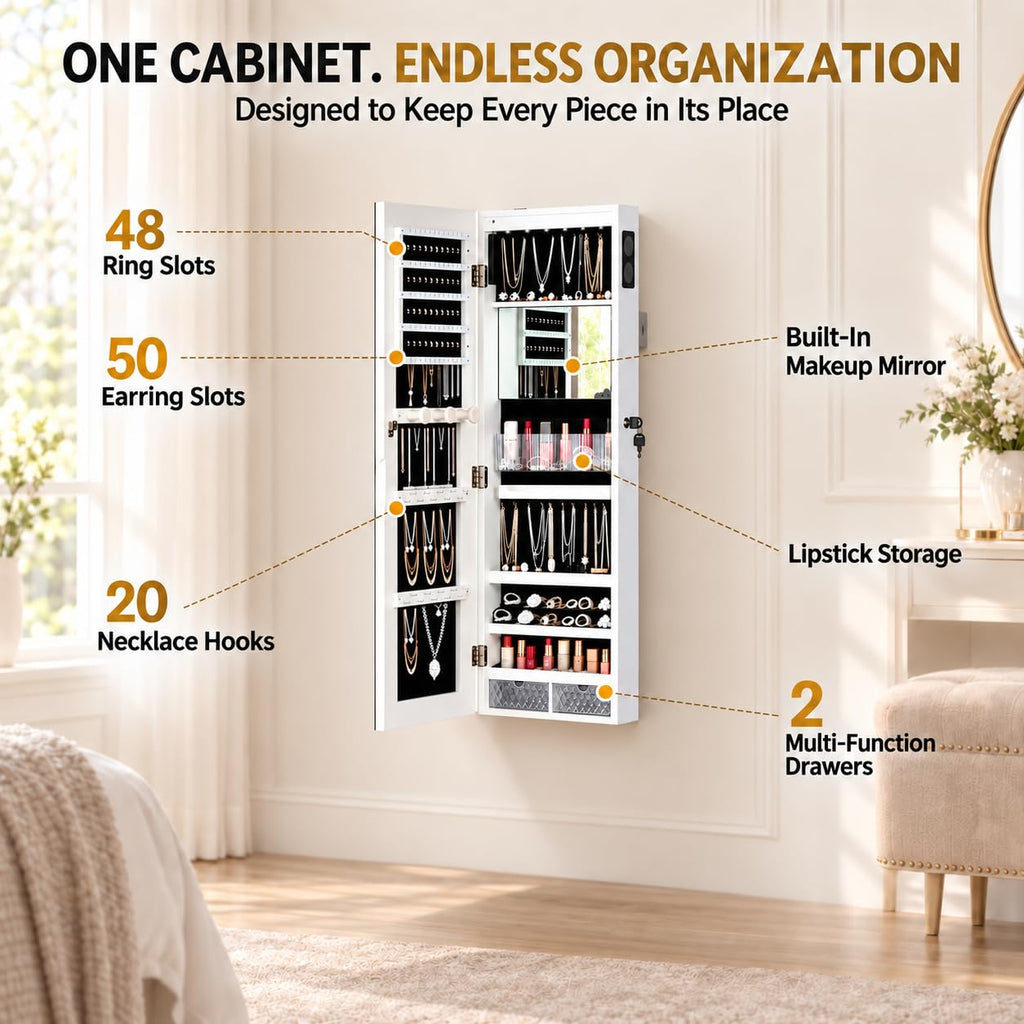 LED Mirror Jewelry Cabinet, Bluetooth Speaker, Full Length Mirror, White