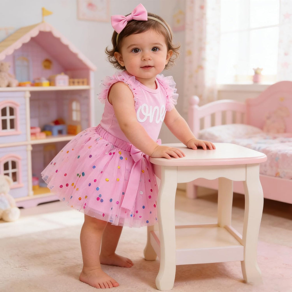 1st Birthday Girl Outfit Flower Romper Tutu Skirt Headband Set