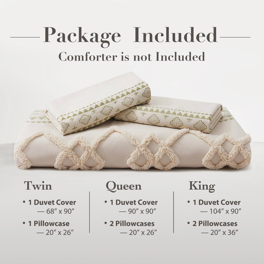 Boho Duvet Cover King Size, Beige & Sage Green, 3 Pieces