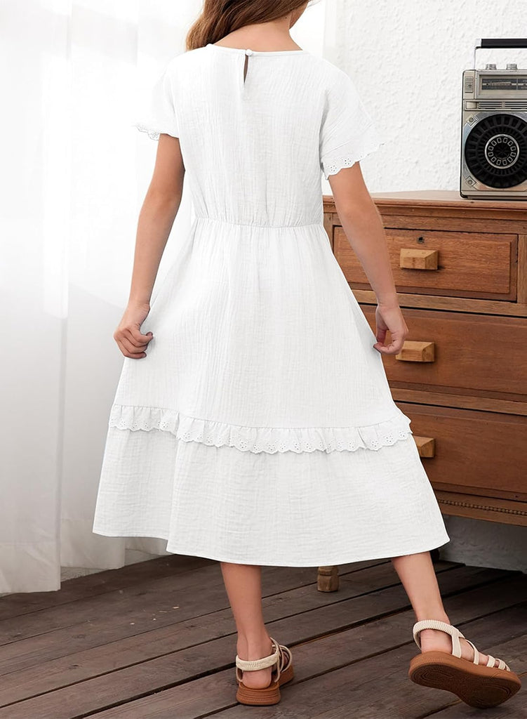 Girls Cotton Short Sleeve Dresses Summer Lace Dress