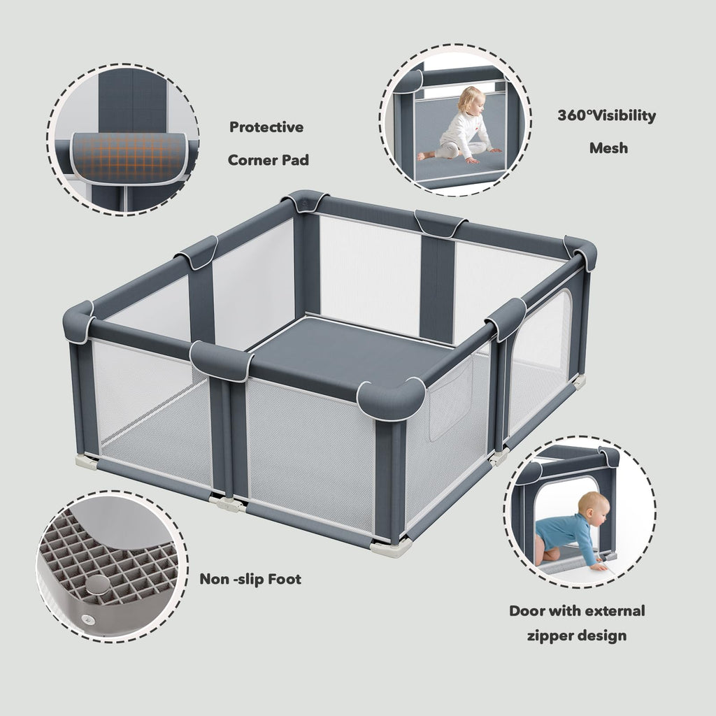 Foldable Playpen for Babies and Toddlers, 71"x79" Portable Play Yard with Mat, Kids Collapsible Play Pen with Sturdy