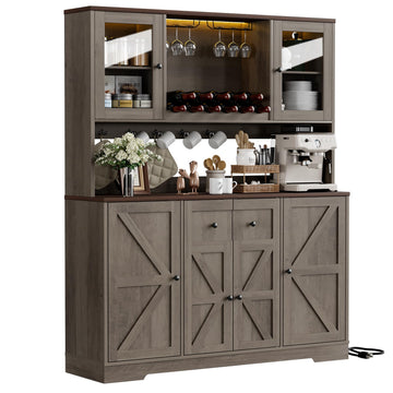 68" Tall Kitchen Pantry Storage Cabinet with Charging Station, 55" Wide Kitchen Hutch Cabinet with Large Countertop