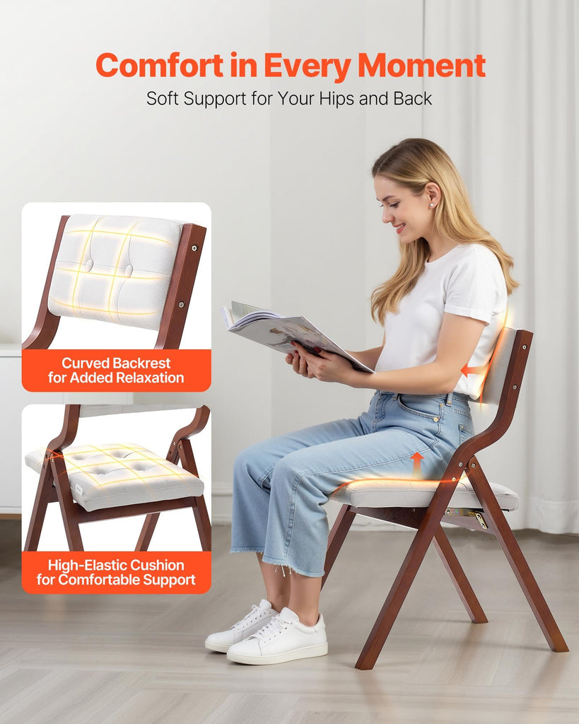 Wooden Folding Chairs with Cushion, Set of 2, Portable Foldable Cushion Chair with Wooden Frame, Modern Padded Dining