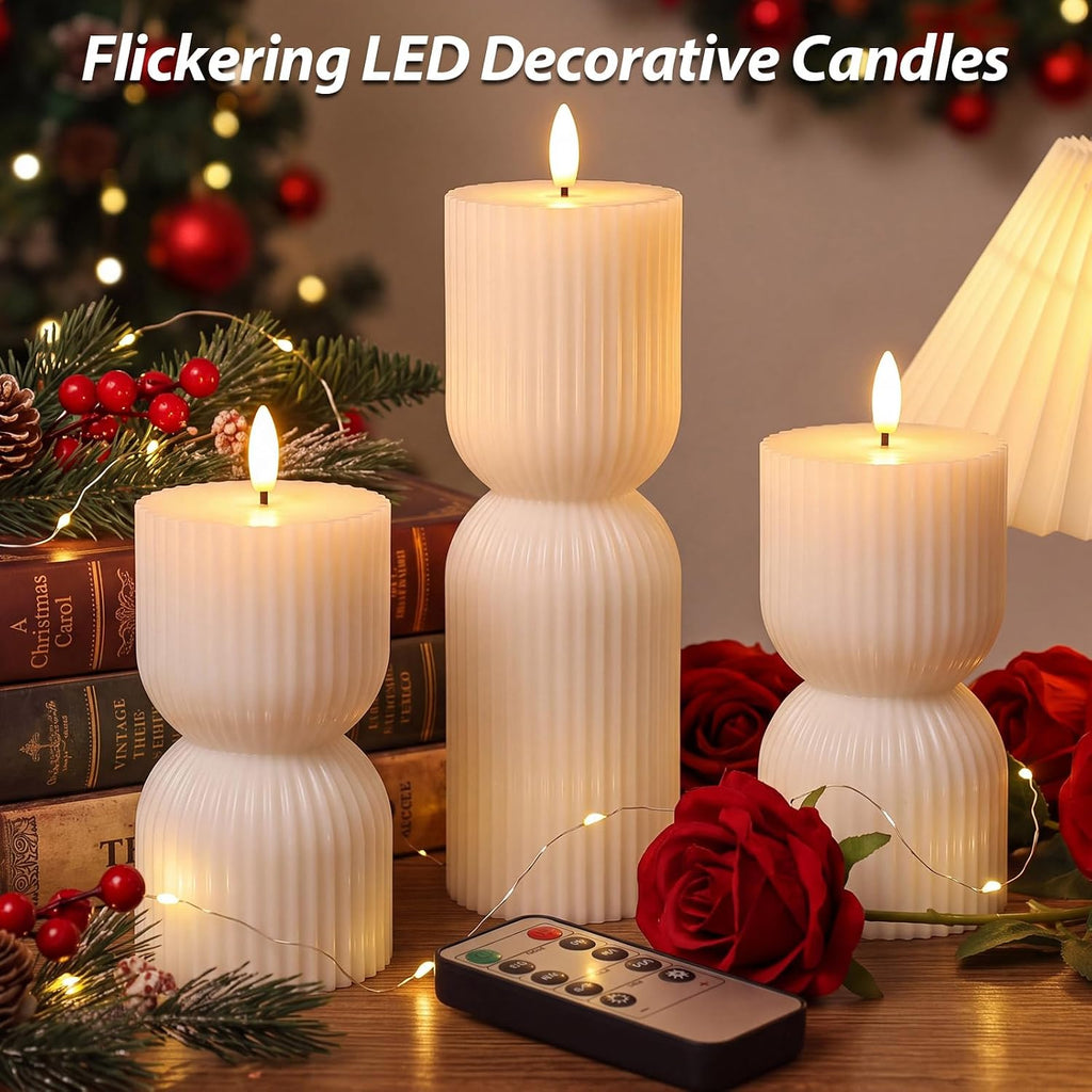 Flameless LED Candles Hourglass Remote Timer Wax,Ivory White - Set of 3