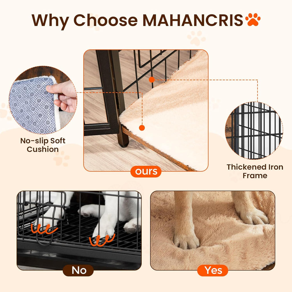 Dog Crate Furniture with Cushion, Wooden Dog Kennel with Double Doors, Heavy Duty Dog Cage for Small/Medium/Large Dogs